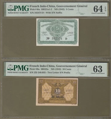 French Indochina/Vietnam 1942 PMG Certified 5c, 10c Banknotes  P# 88a, 89a UNC. - Image 1 of 2