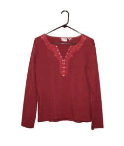 Chico's Womens Top Burgundy Pullover Size 2 V Neck Embellished Front Long Sleeve - Picture 1 of 4