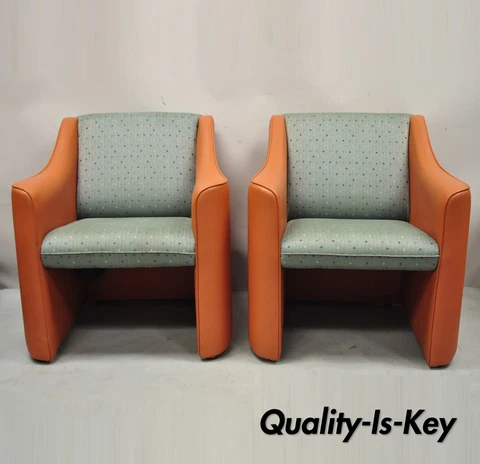 Modern Orange Upholstered Green Polka Dot Club Lounge Chairs - a Pair Cover