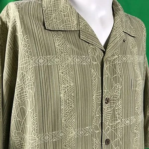 Tommy Bahama Hawaiian Shirt Large 100% Silk Textured Green Tan Camp Aloha Palms - Picture 1 of 6