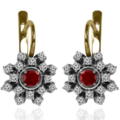14K Solid Yellow and White Gold Genuine Ruby & Diamond Earrings #E1604.. - Image 1 of 4