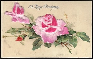 VINTAGE EMBOSSED Bas Relief with Real Applied Material Pink Roses POSTCARD SA 1d - Bild 1 von 2