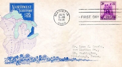 1938 #837 NORTHWEST TERRITORY FDC IOOR CACHET IN BLUE & GREEN & PINK TO PITTS PA - Image 1 of 2