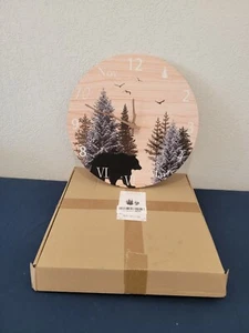 Forest-Themed Clock w/ Pine Trees/Bear for Cabin/Rustic Decorating - OPEN BOX - Picture 1 of 3