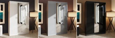 FWSTYLE Grey Black White Gloss 3 Door Mirrored Wardrobe Soft Close Hinges Metal Handles