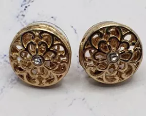 Vintage Oval Gold Tone Flowered Pattern Clear Gemstone Earrings - Picture 1 of 6