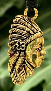  INDIANER Ureinwohner Stamm Häuptling Kopf goldfarben Messing Charm Halskette Anhänger Schmuck - Bild 1 von 2