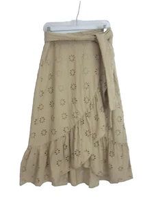 Ann Taylor Damen 8 beige Baumwolle Ösen bestickt Faux Wickel Midirock Landhaus - Bild 1 von 14