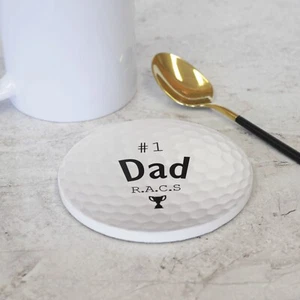 Personalised Ceramic Golf Ball Drinks Coaster - Cork Base - Gift Box Available - Picture 1 of 4