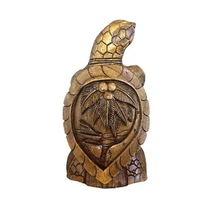 Sea Turtle Wood Carved Vase Candle Holder Unique Beach Decor Large 9.5” Tiki - Picture 1 of 13