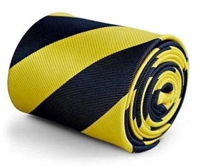 Frederick Thomas Designer Mens Tie - Dark Navy Blue & Yellow - Repp Club Striped - Image 1 of 3