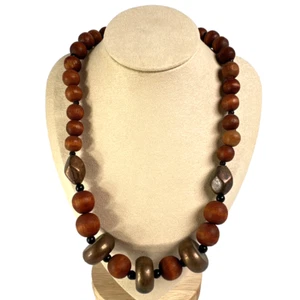 Vintage Chunky Wood Beaded Necklace with Copper Tone Accent Beads 18" - Picture 1 of 6