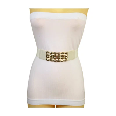 Mujeres Crema Banda Elástica Moda Cadera Cintura Alta Cinturón Dorado Ovalado Lunares Hebilla S M Foto 1 de 4