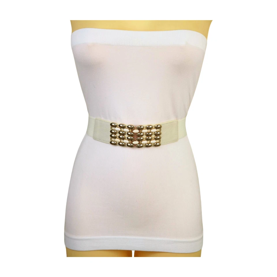 Mujeres Crema Banda Elástica Moda Cadera Cintura Alta Cinturón Dorado Ovalado Lunares Hebilla S M Foto 1 de 4