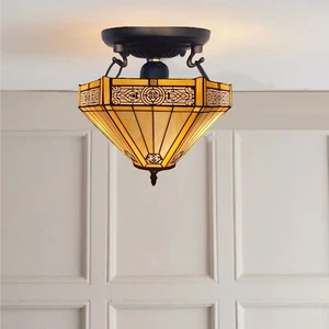 Lámpara de techo Tiffany 16 pulgadas amarillo hexagonal vitral pantalla estilo antiguo Reino Unido - Imagen 1 de 11