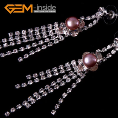 Pendientes colgantes con borla de cristal de perlas de agua dulce de oro con diamantes de imitación Foto 1 de 4