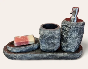 Mármol Set de Baño Dispensador de Jabón Jabonera Taza Negro Piedra Natural - Imagen 1 de 8