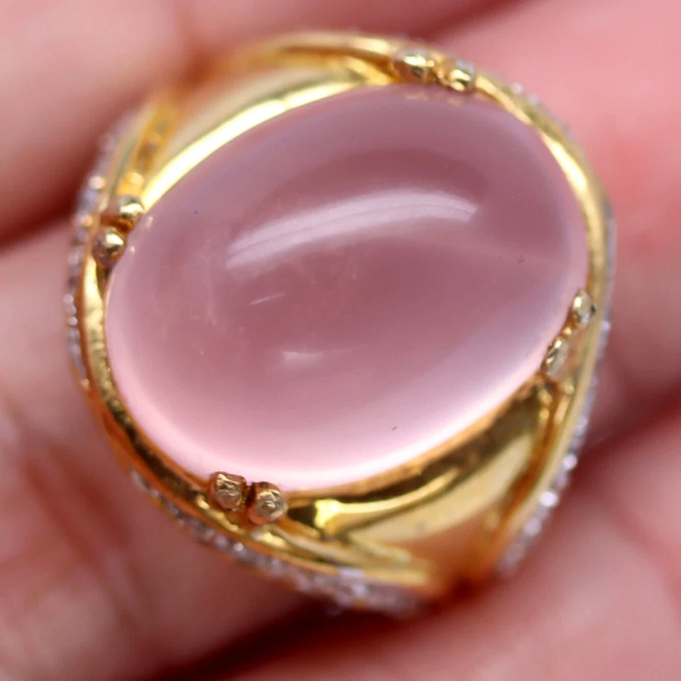Кольцо из серебра 925 пробы с неотапливаемым розовым кварцем и белым цирконием размер 8 - Изображение 1 из 4