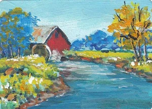 Aceo orig landscape Grist Mill waterwheel gouache painting - Picture 1 of 1