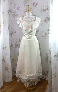 Cream Lace 80s Gown Coquette Pink Bows Cottage Prom Formal Victorian Romantic S - Picture 1 of 6