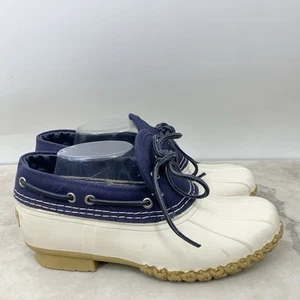 LL Bean Moc Boots Women Size 8 Shoes Duck Blue Canvas White Rubber Low Slip On - Picture 1 of 10