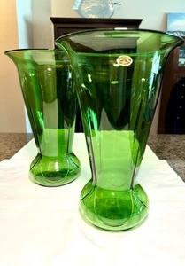Pair 2 Vintage Cambridge Green Glass Vases 12” Height - 1 w/Original Sticker - Picture 1 of 15