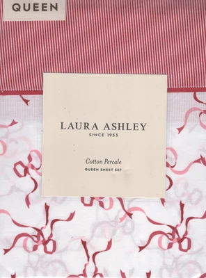 Laura Ashley Queen Sheet Set Trailing Bows Printed Red 4pc Farmhouse Chic Pink - Image 1 of 4