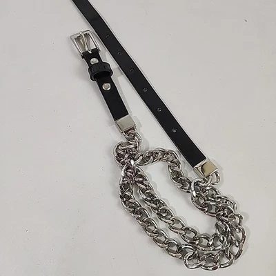 EXPRESS женщин сделано в Англии серебряная цепочка / черный кожаный узкий ремень ~ 39» - Изображение 1 из 4