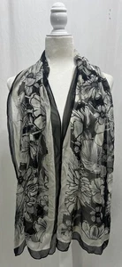 Vintage Brighton Sheer Silk Scarf Flowers Floral Rectangle Black Ivory 21 X 65 - Picture 1 of 11