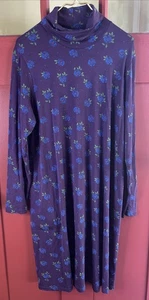 Gudrun Sjoden Lyocell -Large Eggplant Floral TurtleNeck Dress Pockets NWOT - Picture 1 of 8