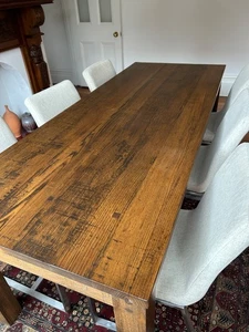 Tasmanian Oak Dining Table and 6 Steel Framed Linen Covered Chairs. - Picture 1 of 4