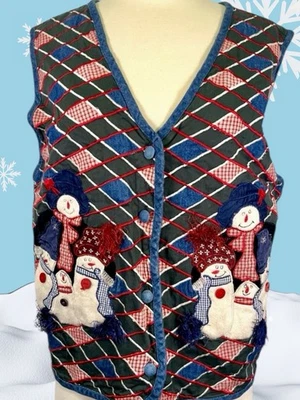 1990s Paul Harris Vest Snowman Christmas Quilted Patchwork Holiday Teacher Vtg L - Image 1 of 4