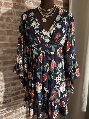 Betsey Johnson Blue Colorful Floral SunDress Knee Length Peplum Tie Waist Size 6 - Image 1 of 4