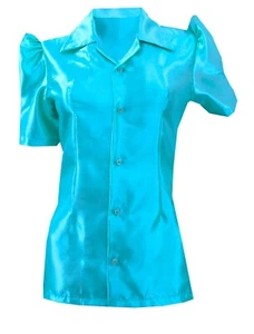 Camisa vintage de satén informal con cuello en punta elástica con botones talla grande S80-1 - Imagen 1 de 6