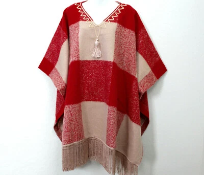 Adam Lippes Target Plaid Mohair Fringe Trim Tassel Poncho Sweater Red Size L/XL - Image 1 of 4