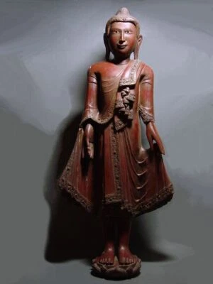 BURMESE MANDALAY PERIOD STANDING BUDDHA. WOOD. MYANMAR 18/19th C. Ht: 90 cm - Image 1 of 4