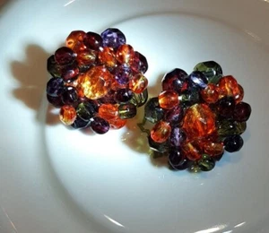 Joan Rivers Glass Cluster Bead Stud Earrings Green Orange Purple Red, signed - Picture 1 of 10