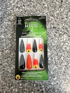 NEW Kiss Nails Halloween Glue Press Manicure XL Stiletto Black Orange Candy Corn - Picture 1 of 4