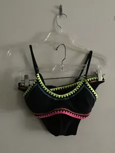 XHILARATION Size M Swim Set 2 Piece Bikini Black Neon Pink Blue Trim Women - Picture 1 of 7