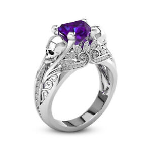 Exquisite Women's Purple Crystal Zircon Skull Ring Punk Silver Jewelry Size 10
