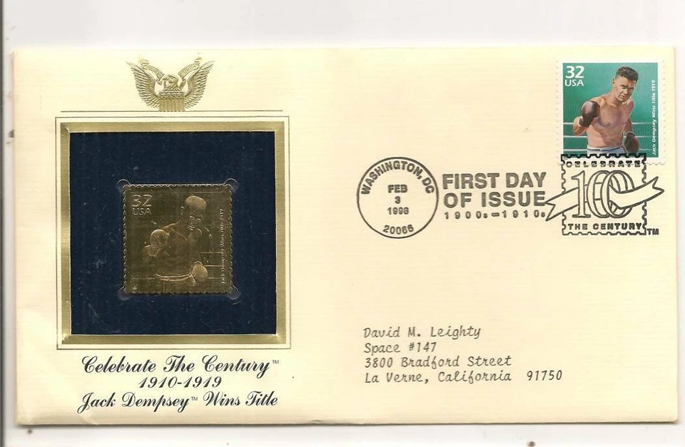 1998 Jack Dempsey Wins Title  22kt Gold Cover First Day Issue FDC FDI STAMP - Image 1 of 1