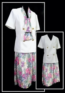 Vintage 70s Secretary Geek Berg Frocks White Jacket Pink Floral Skirt Set Suit L - Picture 1 of 4