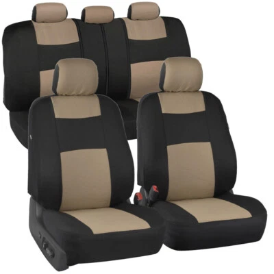 Fundas de asiento de coche - Juego de 9 piezas de banco dividido delantero y trasero de tela de poliéster beige/negro Foto 1 de 4