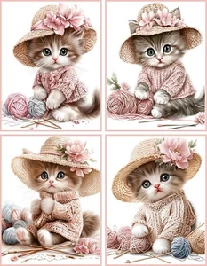 8 Cat Kitten Kitty Shabby Chic with hats yarn glossy blank fold out note card - Picture 1 of 4