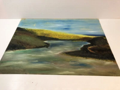 Peinture Huile Aquarelle Vintage An 70's 80's Mer lande lac bleu vert étang - Photo 1/3