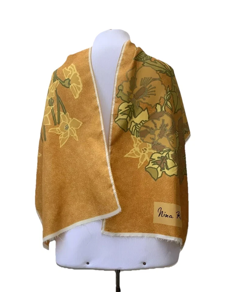 NINA RICCI FLORAL AMARILLO Bufanda de seda rectangular tiene mancha 56/16 pulgadas #A108 Foto 1 de 4