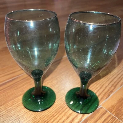 Juego de 2 copas de vino verde enebro lágrima Libbey vintage bordes dorados Foto 1 de 4
