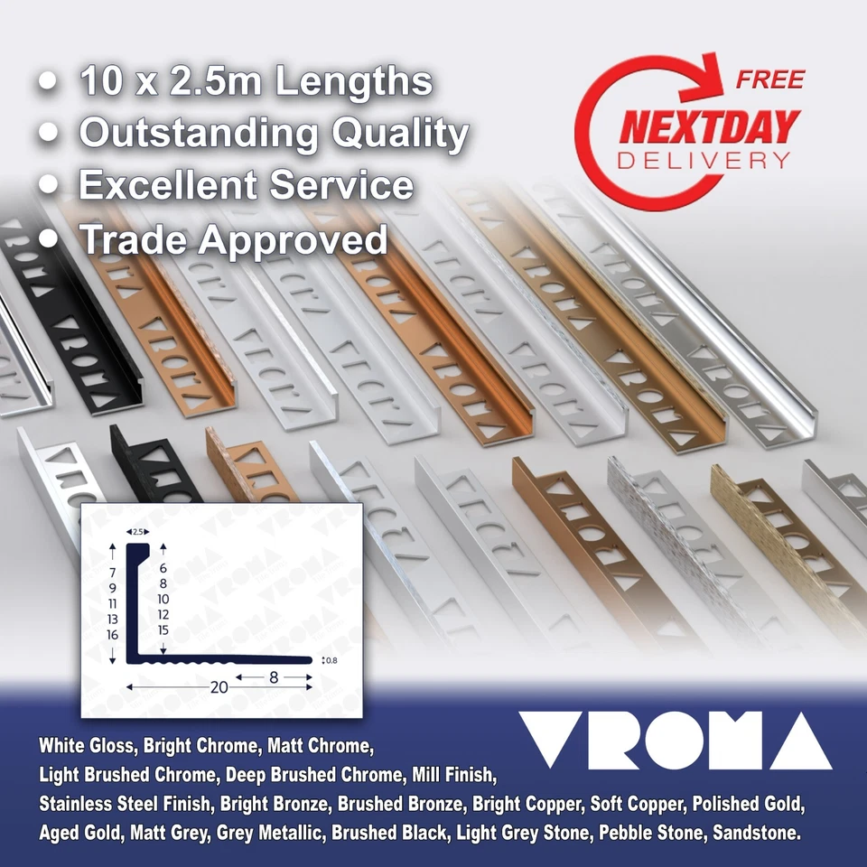10x VROMA Tile Trim Edge - Straight L-Shape- 2.5M Aluminium Chrome, Brushed, NEW - Image 1 of 4