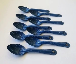 Dark Blue & White Speckled Enamelware Granite Ware Retro Spoons 6 inch set of 9 - Picture 1 of 10