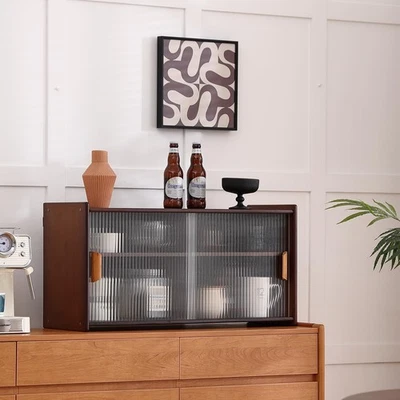 Armario de almacenamiento de encimera de bambú montado en la pared con puerta de vidrio, cocina colgante... Foto 1 de 4